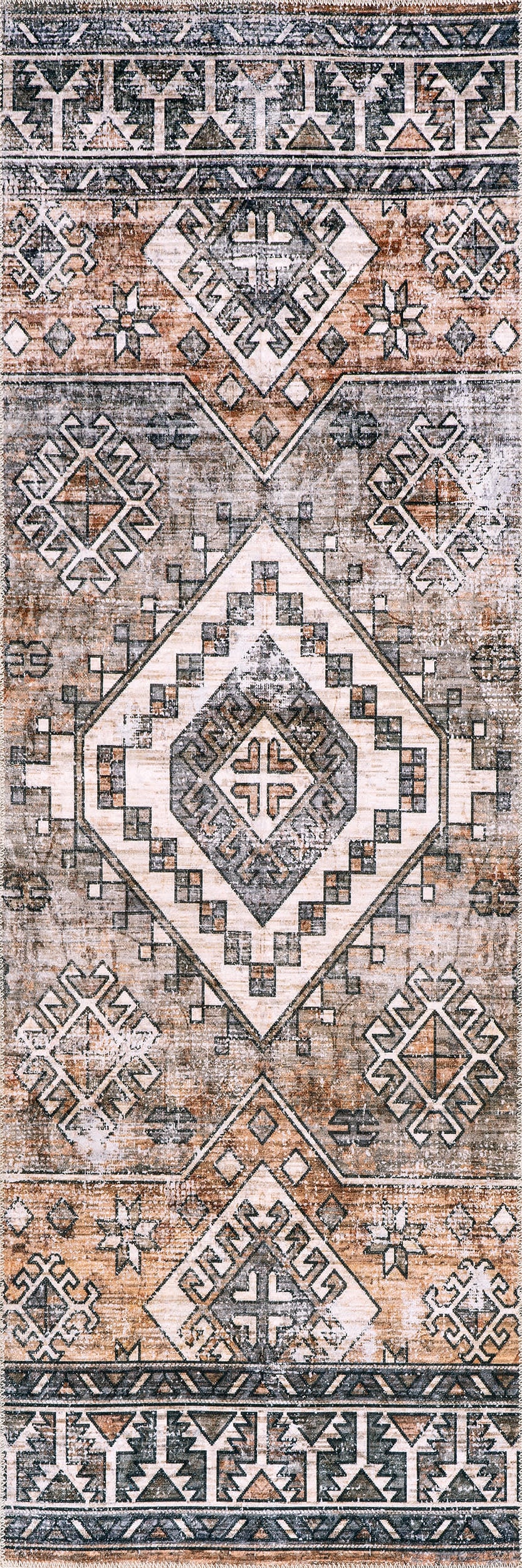 Faded Geometric Washable Rug | Rust
