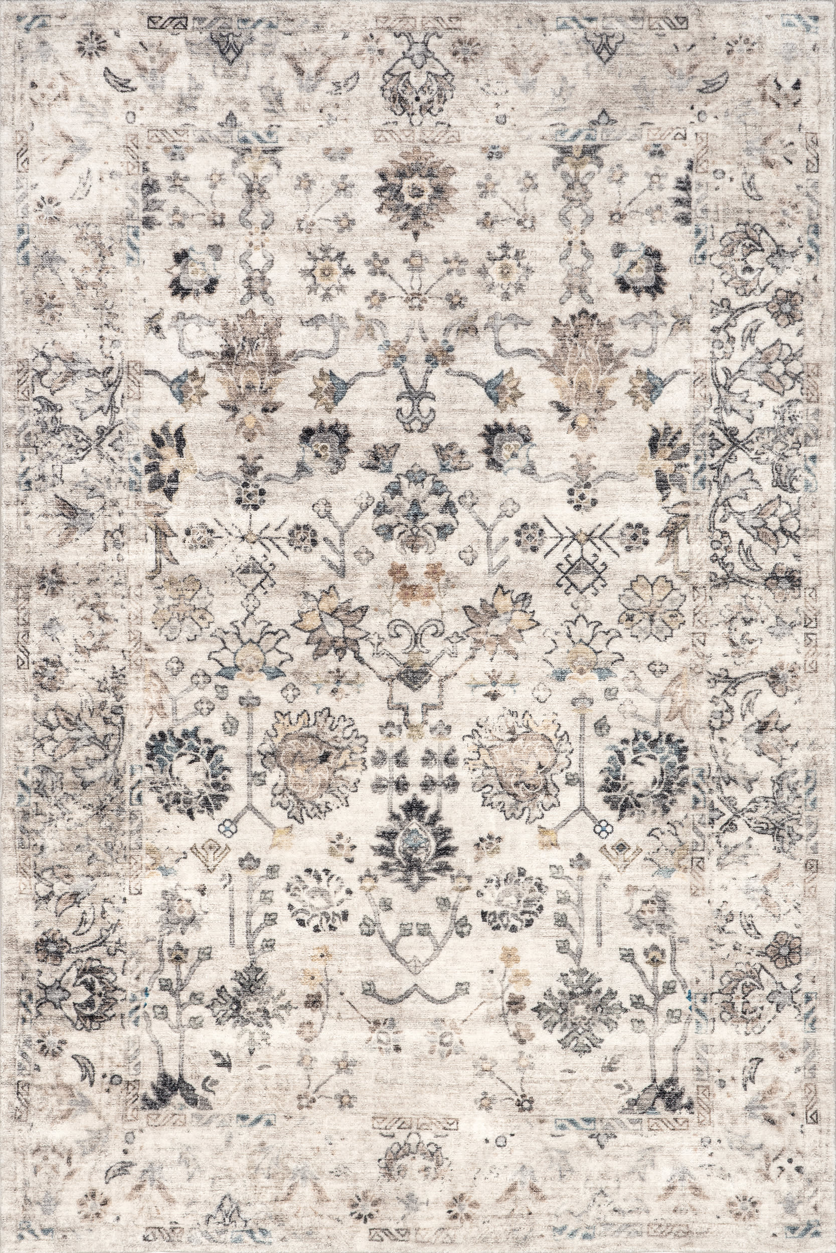 Leola Vintage Garden Floral Washable Rug | Grey