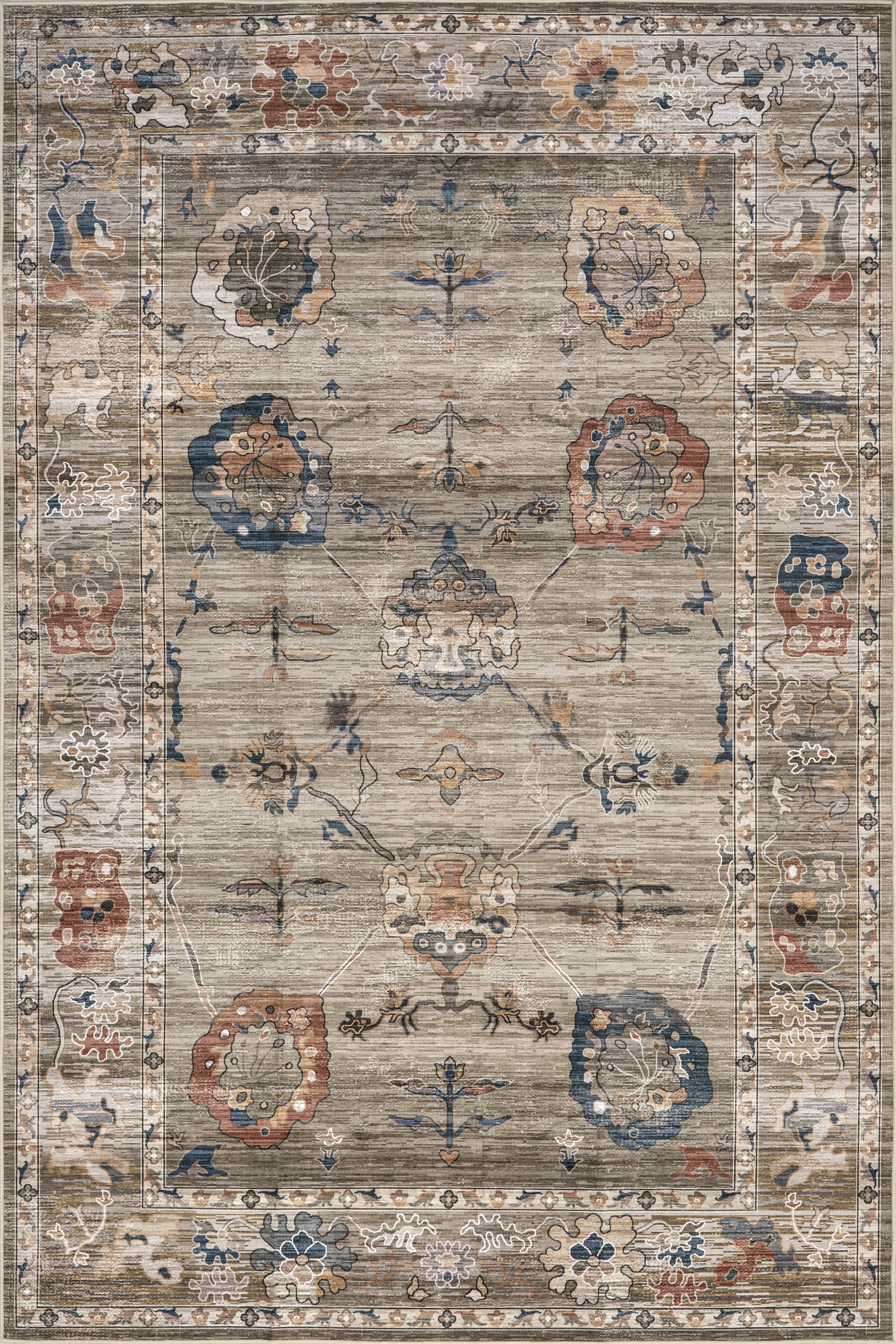 Mandi Vintage Floral Spill Proof Washable Rug | Taupe