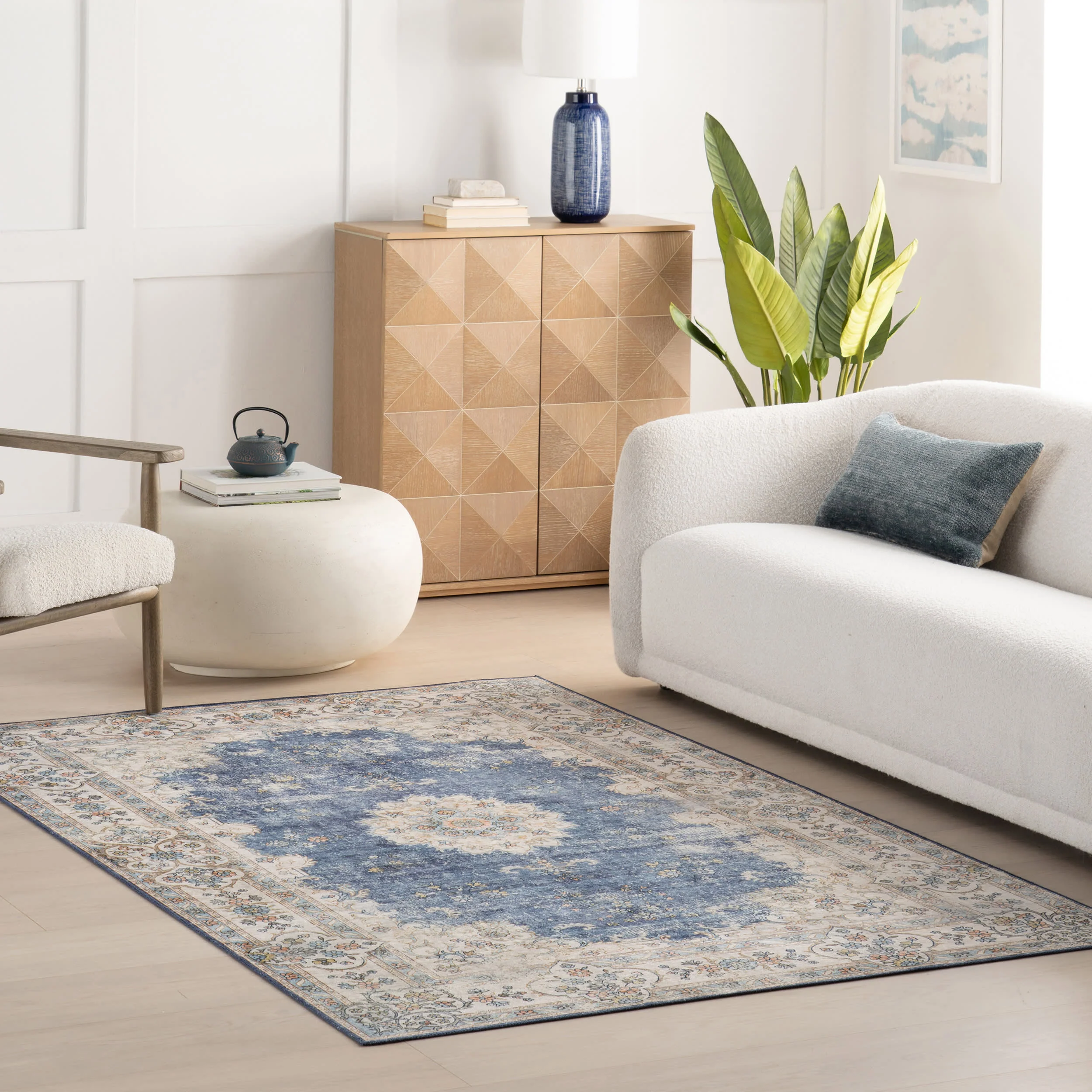 Rosette Medallion Spill Proof Washable Rug | Blue - Image 2